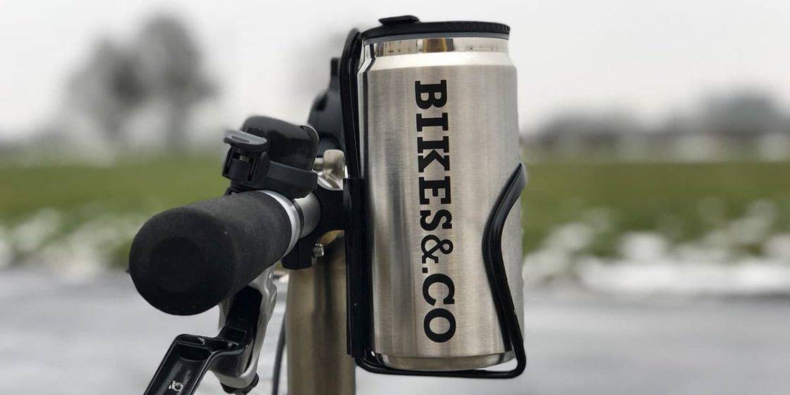 Insulated reusable coffee cup with bottle cage